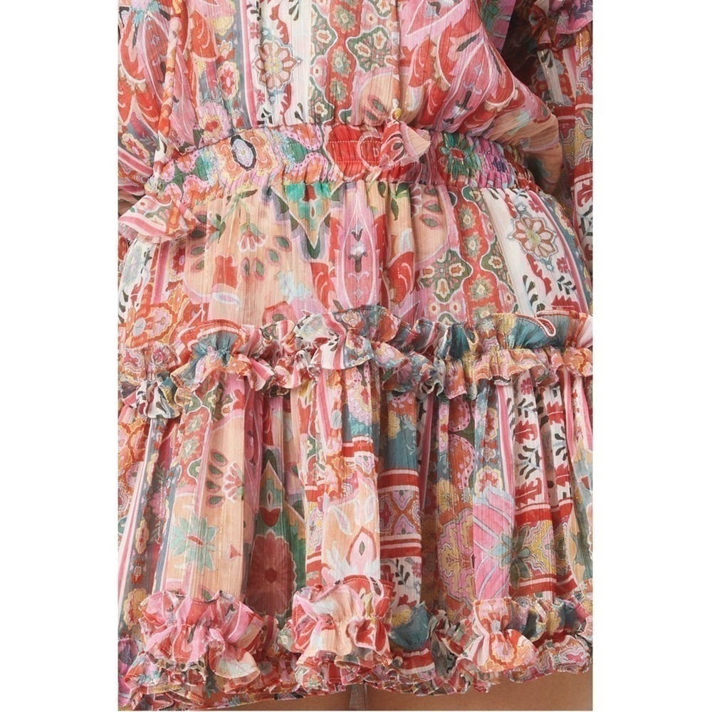 MISA Chiffon Puff Long Sleeve Tassel Tie Neck Smocked Waist Tier Ruffle Dress XS - Picture 13 of 16